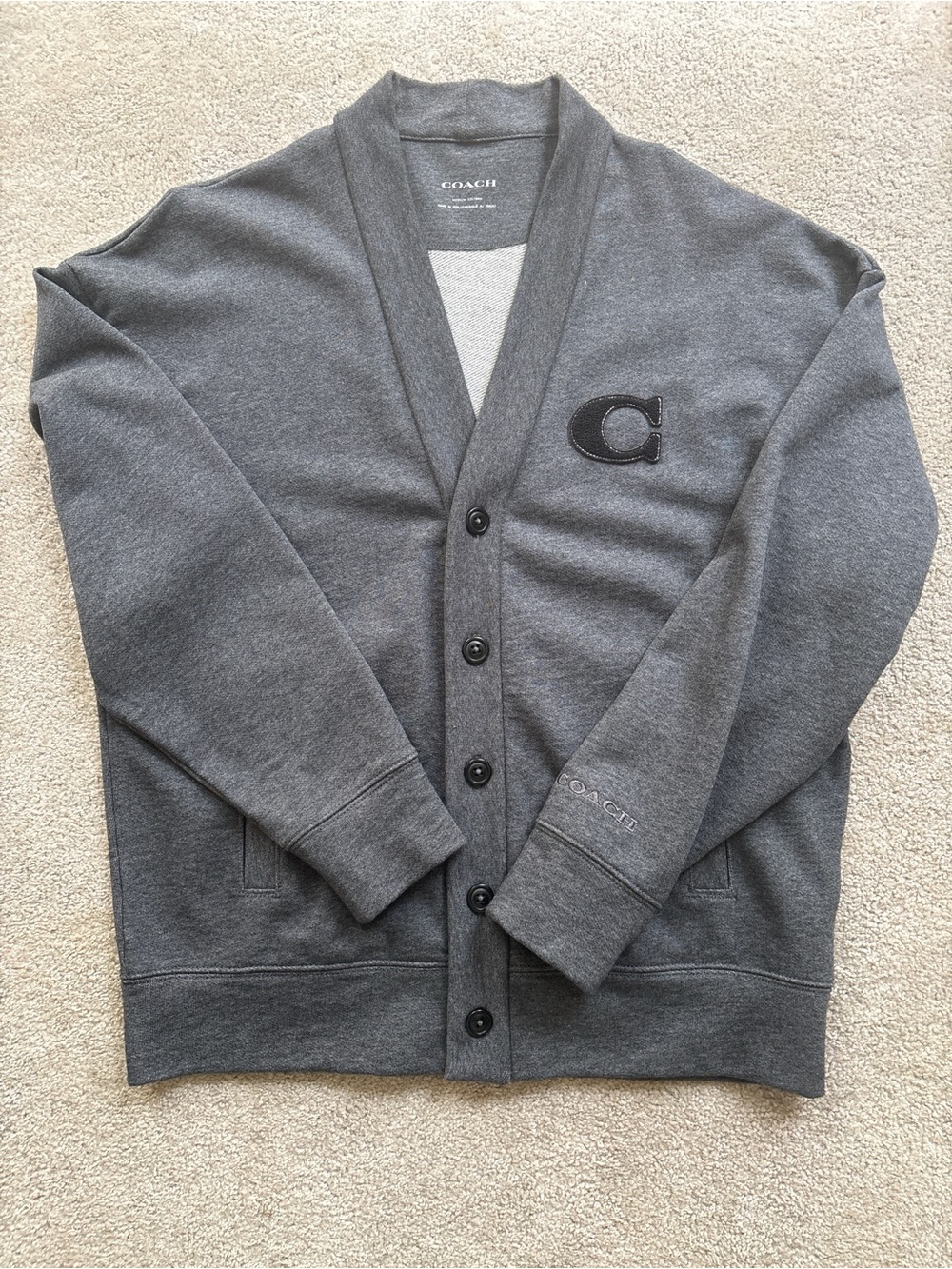 Coach Men's Dark Gray Shawl Collar Cardigan with Patch C